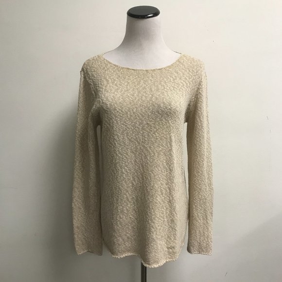 Eileen Fisher beige tan textured cotton scoop neck sweater long sleeve S